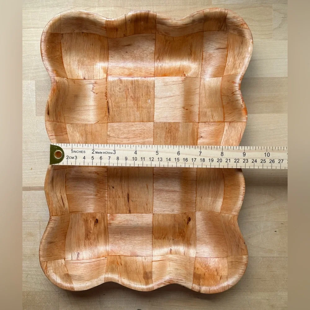 Vintage Parquet Woven Wood Serving Tray Scalloped Edge Mid Cent Modern BBQ Party